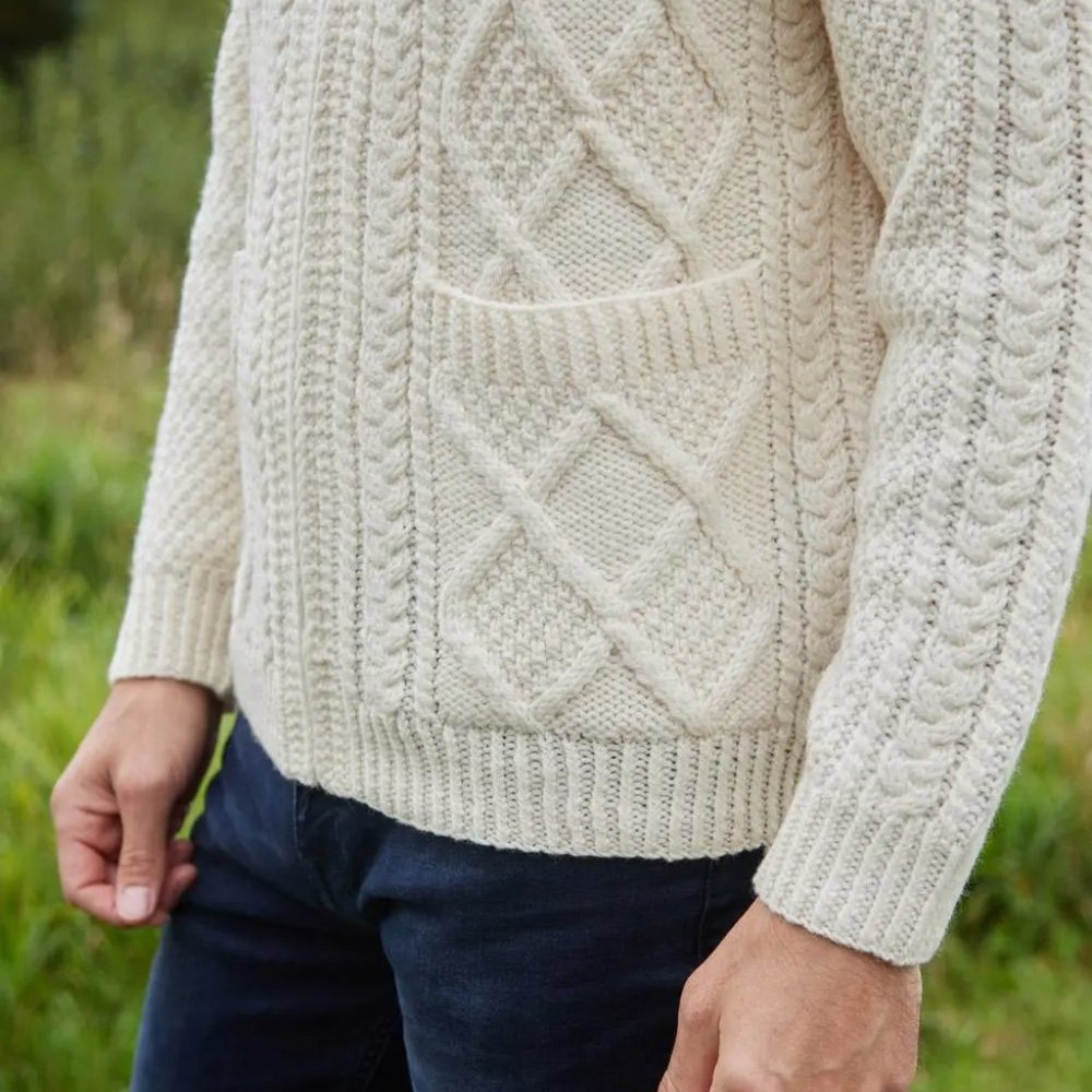 BLARNEY WOOLLEN MILLS ARANS - Hand-Knit Full Zip Aran Cardigan White Size 3XL - Picture 5 of 11